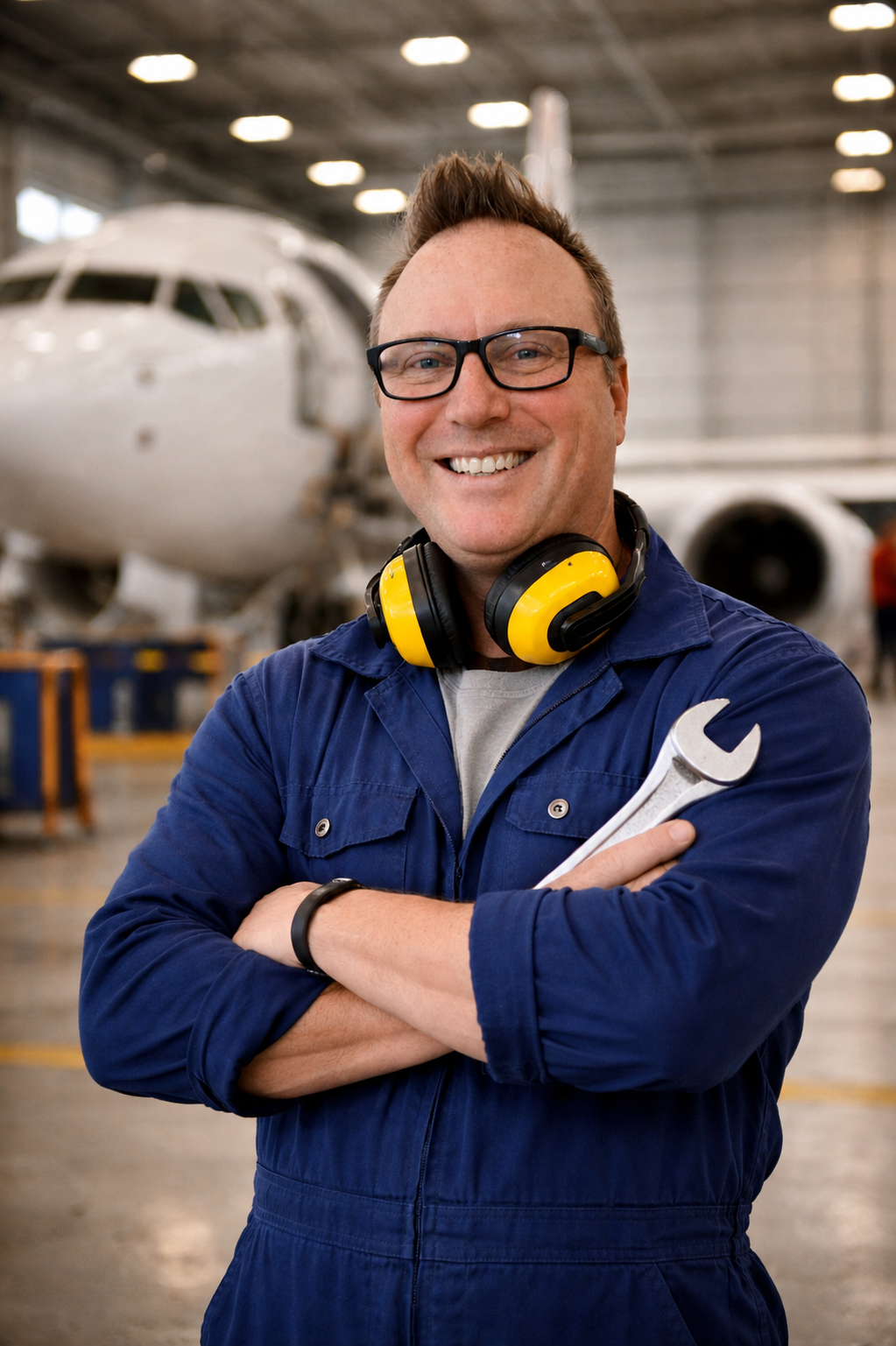 Jason Marquette in a hangar with an aircraft in the background